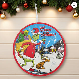 30cm Round Metal Sign Green Character W/Skis