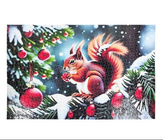 Jigsaw puzzle with a red squirrel and Christmas decorations on a white background
